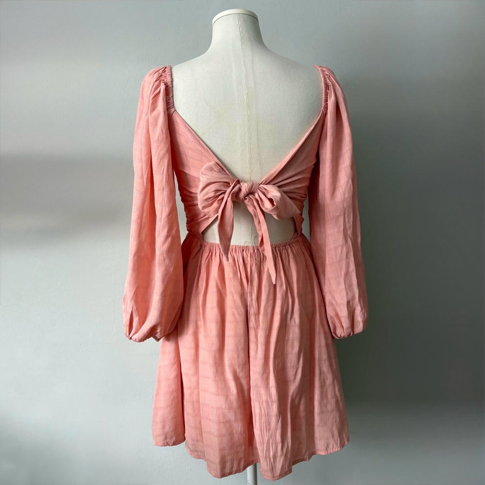 Peach Square Neck Puff Sleeve Mini Dress Back Tie | Size S Baby Doll - Picture 3 of 11